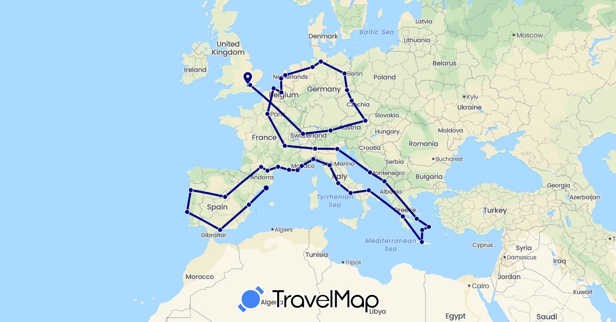 TravelMap itinerary: driving in Austria, Belgium, Switzerland, Czech Republic, Germany, Spain, France, United Kingdom, Greece, Croatia, Italy, Montenegro, Netherlands, Portugal (Europe)